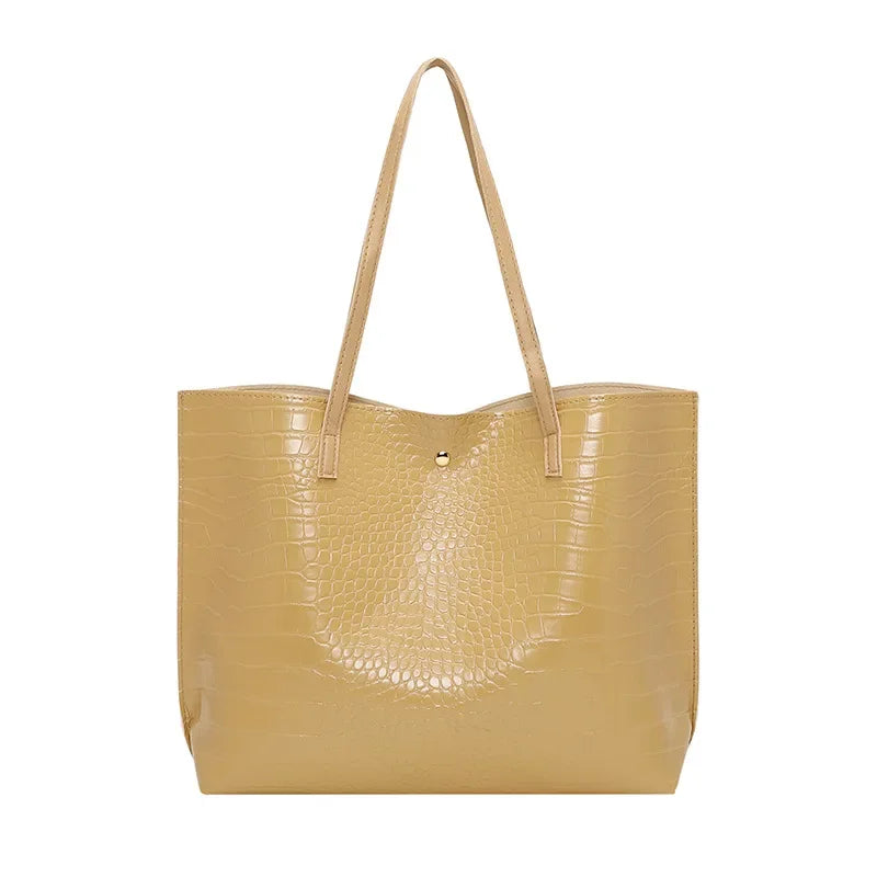 Large Capacity Bucket Bag - Simple Crocodile Print Fashion Handbag