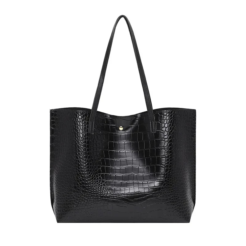 Large Capacity Bucket Bag - Simple Crocodile Print Fashion Handbag