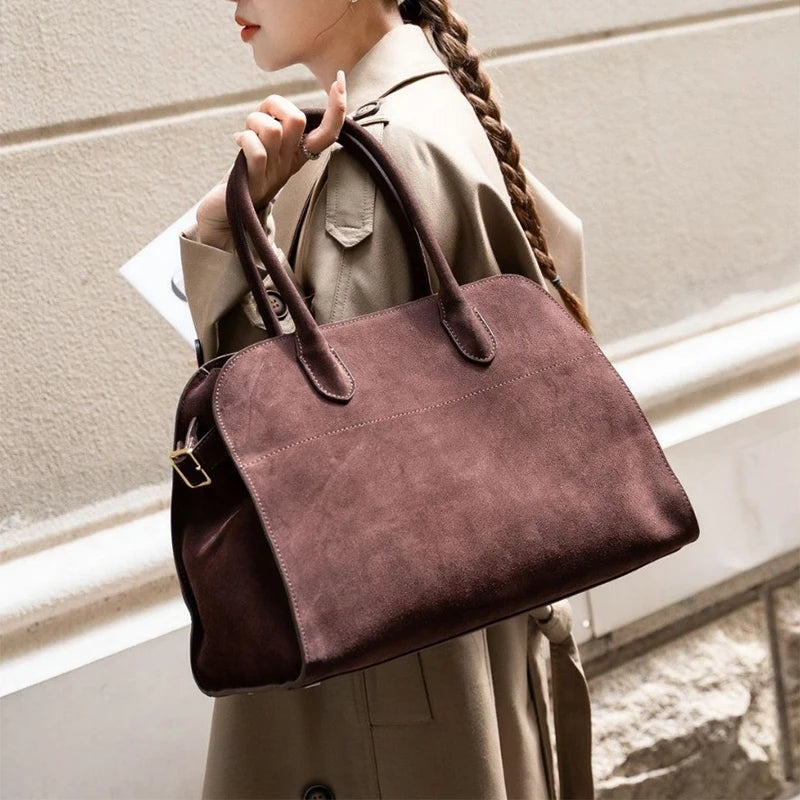 Large Capacity Natural Suede Tote Handbag - Women's Nubuck Leather Casual Shoulder Bag