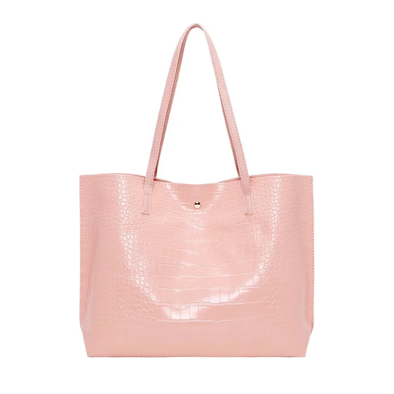 Large Capacity Bucket Bag - Simple Crocodile Print Fashion Handbag