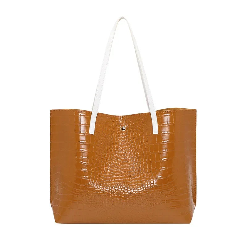 Large Capacity Bucket Bag - Simple Crocodile Print Fashion Handbag